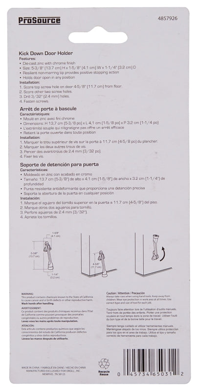 ProSource CL-230CH-PS Door Holder, 5-3/8 in L, 1-5/8 in W, 2 in H, Attaches to Door Mounting, Rubber/Zinc, Chrome