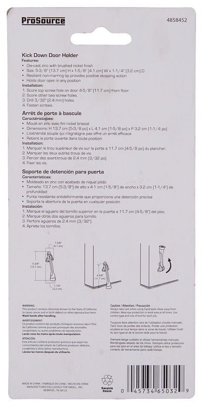 ProSource CL-230SN-PS Door Holder, 5-3/8 in L, 1-5/8 in W, 2 in H, Attaches to Door Mounting, Rubber/Zinc