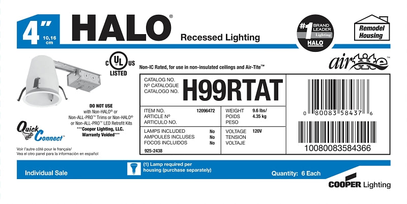 Halo H99RTAT Recessed Housing, 4 in Dia Recessed Can, Steel