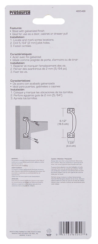 ProSource 20912MGB-PS Door Pull, 1-3/4 in W, 6-1/2 in D, 1-1/2 in H, Steel, Galvanized