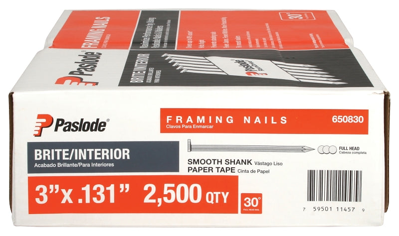 Paslode 650830 Framing Nail, 3 in L, 10 ga Gauge, Steel, Bright, Full-Round Head, Smooth Shank