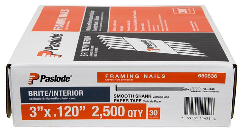 Paslode 650836 Framing Nail, 3 in L, 11 ga Gauge, Steel, Bright, Full-Round Head, Smooth Shank