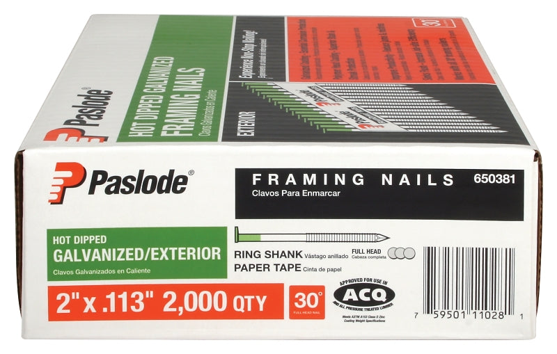 Paslode 650381 Framing Nail, 2 in L, Low Carbon Steel, Hot-Dip Galvanized, Round Head, Ring Shank
