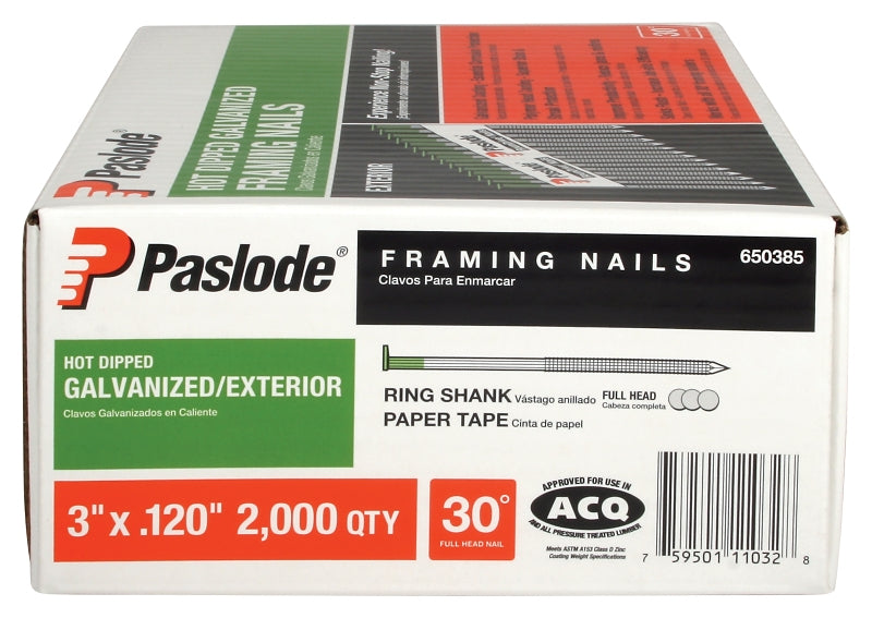 Paslode 650385 Framing Nail, 3 in L, Steel, Galvanized, Full-Round Head, Ring Shank