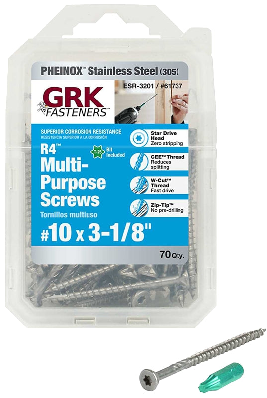 GRK Fasteners 61737 Framing and Decking Screw, #10 Thread, 3-1/8 in L, W-Cut Thread, Flat Head, Star Drive, 70 PK