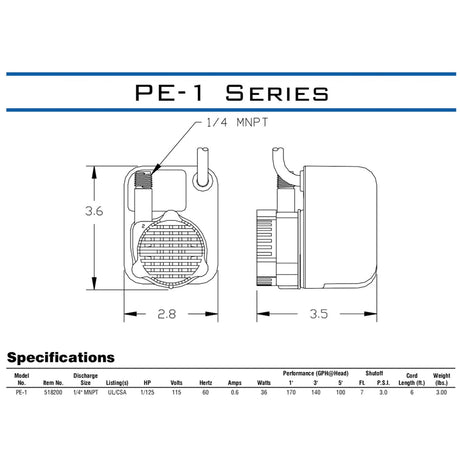 Little Giant PE-1 Series 1/125 HP 170 gph Thermoplastic Switchless Switch AC Submersible Utility Pum