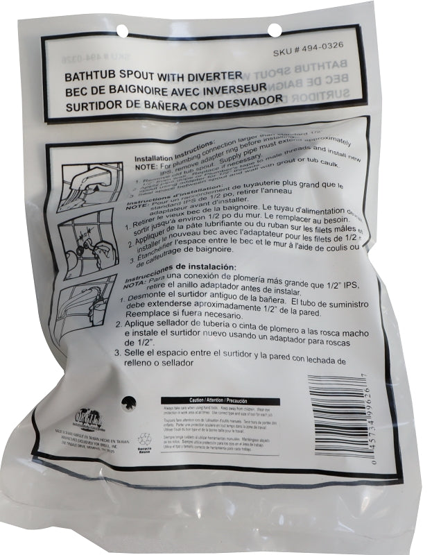 ProSource 24501-3L Bathtub Spout with Diverter, 5-1/4 in L, 3/4 x 1/2 in Connection, IPS, Zinc, Chrome Plated