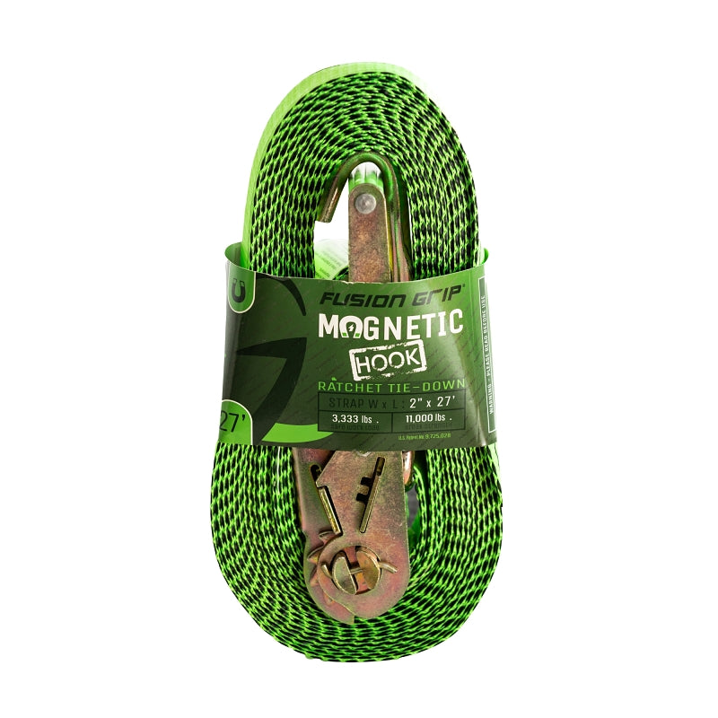 Fusion Grip FG227 Ratchet Strap, Ratchet Adjustment, 2 in W, 27 ft L, Green, 3333 lb Working Load, 1/PK