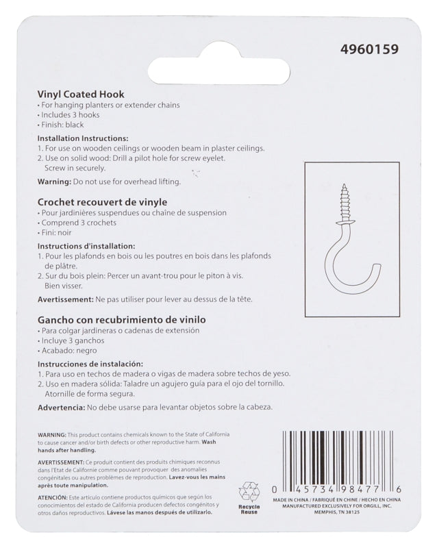 Landscapers Select GB0253L Storage Hook, 1.42 in L, 2-1/2 in H, Steel, Black, Zinc Plated, Wall Mount Mounting