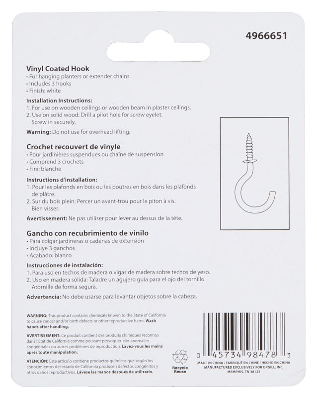 Landscapers Select GB0263L Storage Hook, 1-27/64 L, 2-3/4 in H, Steel, White, Wall Mount Mounting