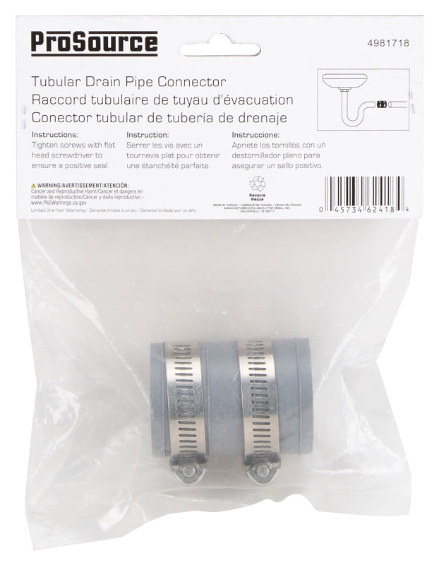 ProSource TC-150 Drain Connector, 1-1/4 x 1-1/2 in, Brass or Plastic Drain Pipes, PVC, Gray