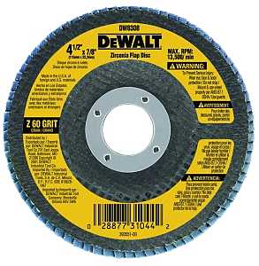 DEWALT DW8308 Flap Disc, 4-1/2 in Dia, 7/8 in Arbor, Coated, 60 Grit, Medium, Zirconia Abrasive, Fiberglass Backing