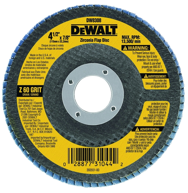 DEWALT DW8308 Flap Disc, 4-1/2 in Dia, 7/8 in Arbor, Coated, 60 Grit, Medium, Zirconia Abrasive, Fiberglass Backing