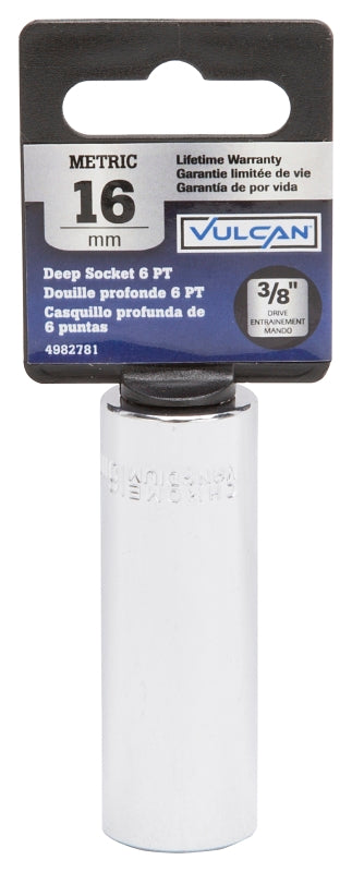 Vulcan MT6507033 Drive Socket, 16 mm Socket, 3/8 in Drive, 6-Point, Chrome Vanadium Steel, Chrome