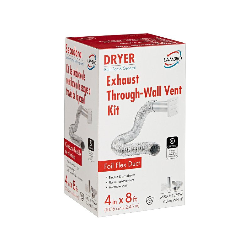 Lambro 1379W Wall Louvered Vent Kit, Plastic, (1) 4 in White Plastic Exhaust Wall Louvered Vent