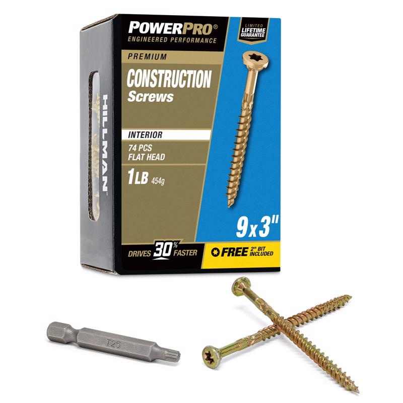 HILLMAN Power Pro No. 9 X 3 in. L Star Yellow Zinc Coarse Wood Screws 74 pk