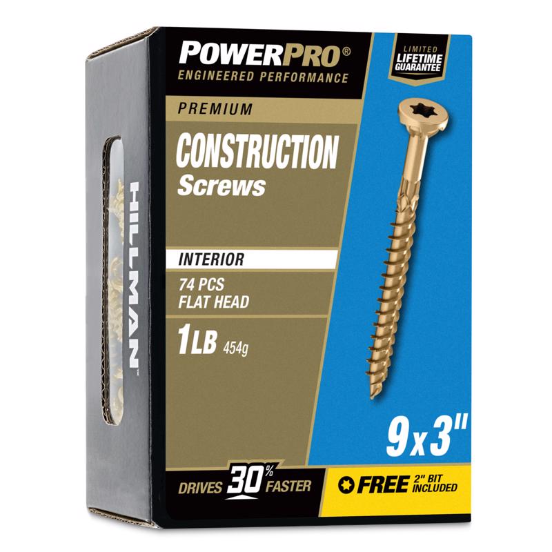 HILLMAN Power Pro No. 9 X 3 in. L Star Yellow Zinc Coarse Wood Screws 74 pk