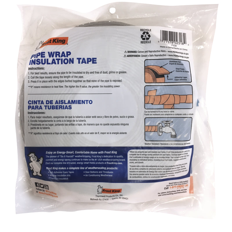 Frost King 2 in. W X 30 ft. L X 1/8 in. 2.0 Reflective Fiberglass Pipe Insulation Wrap Roll 5 sq ft, Pack of 12