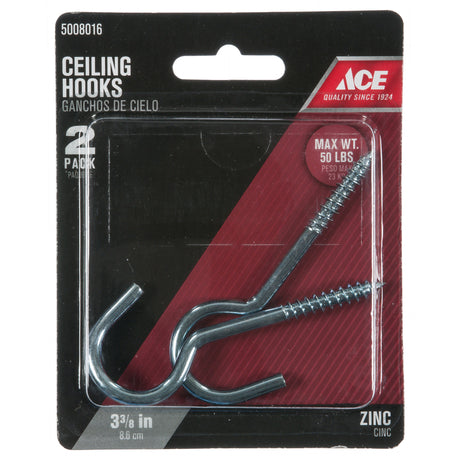 Ace Small Zinc-Plated Steel 3.375 in. L Ceiling Hook 50 lb 2 pk, Pack of 5