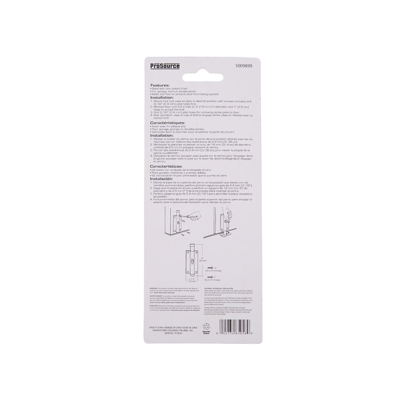 ProSource 33083ZCB-PS Foot Bolt, 9/16 in Bolt Head, 5 in L Bolt, Steel, Zinc