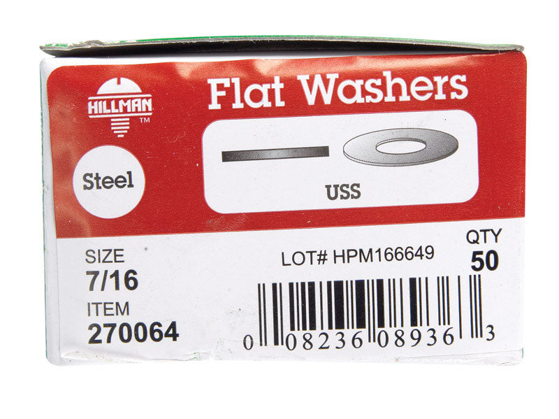HILLMAN Zinc-Plated Steel 7/16 in. USS Flat Washer 50 pk
