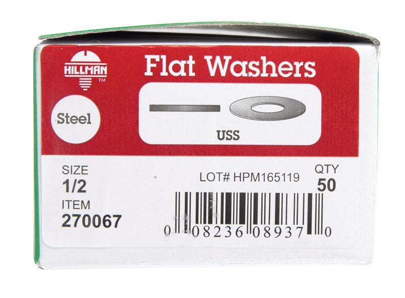 HILLMAN Zinc-Plated Steel 1/2 in. USS Flat Washer 50 pk