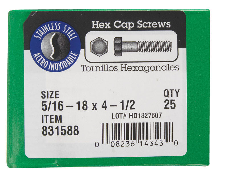 HILLMAN 5/16-18 in. D X 4-1/2 in. L Stainless Steel Hex Head Cap Screw 25 pk