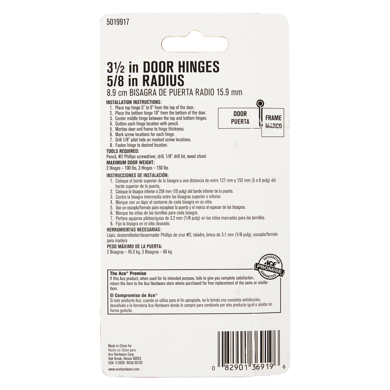 Ace 3-1/2 in. L Satin Brass Residential Door Hinge 3 pk