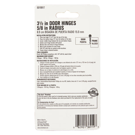 Ace 3-1/2 in. L Satin Brass Residential Door Hinge 3 pk