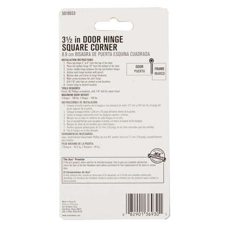 Ace 3-1/2 in. L White Residential Door Hinge 1 pk