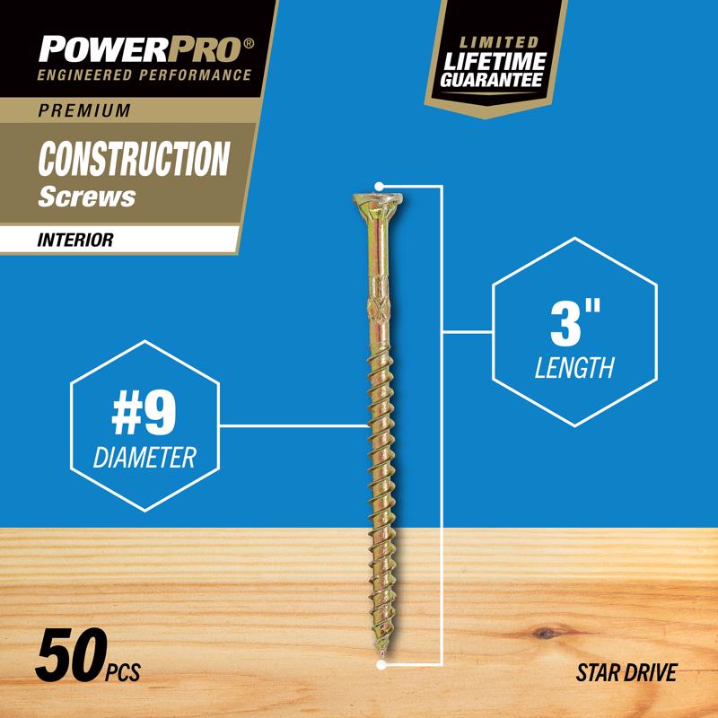 HILLMAN Power Pro No. 9 X 3 in. L Star Gold Zinc Coated Coarse Wood Screws 50 pk