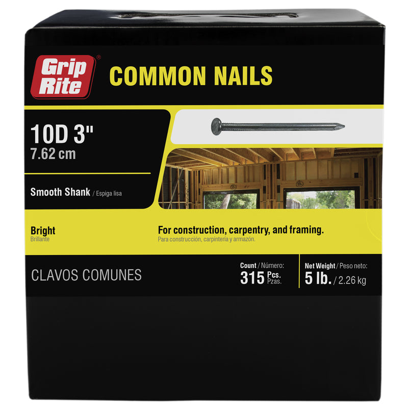 Grip-Rite 10D 3 in. Common Bright Steel Nail Flat Head 5 lb, Pack of 6