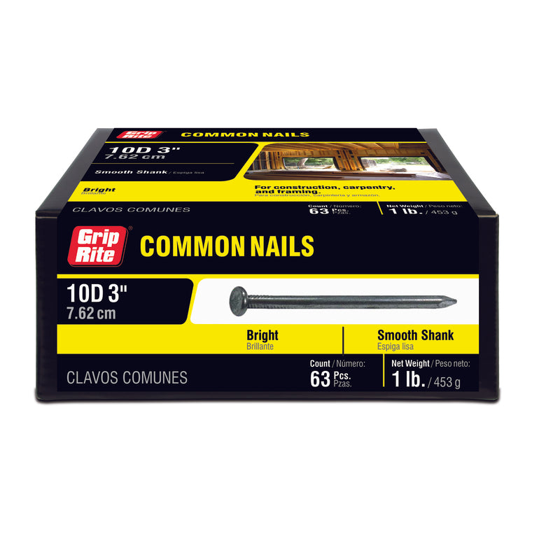 Grip-Rite 10D 3 in. Common Bright Steel Nail Flat Head 1 lb, Pack of 12