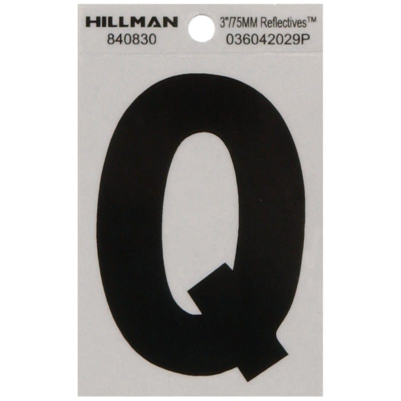 HILLMAN 3 in. Reflective Black Vinyl Self-Adhesive Letter Q 1 pc, Pack of 6