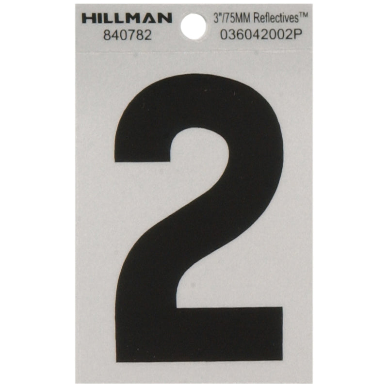 HILLMAN 3 in. Reflective Black Vinyl Self-Adhesive Number 2 1 pc, Pack of 6