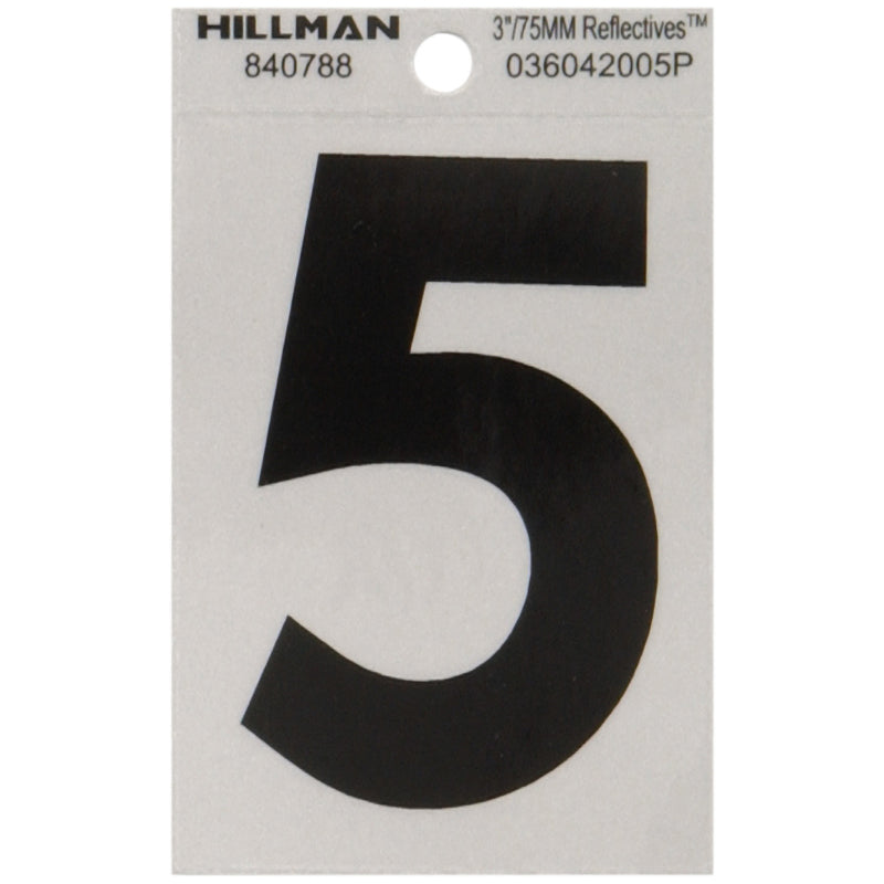 HILLMAN 3 in. Reflective Black Vinyl Self-Adhesive Number 5 1 pc, Pack of 6