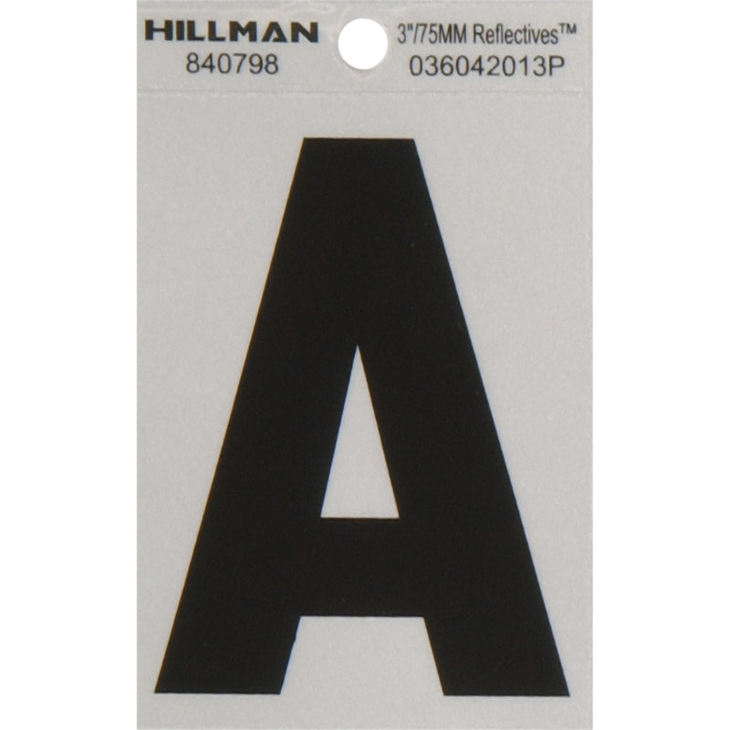 HILLMAN 3 in. Reflective Black Vinyl Self-Adhesive Letter A 1 pc, Pack of 6