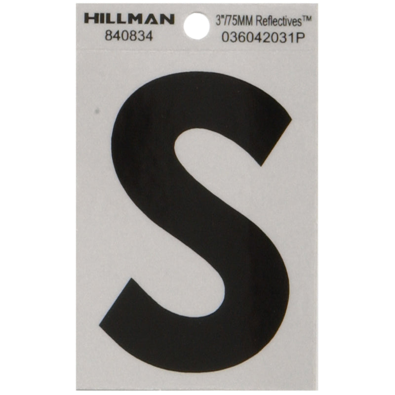 HILLMAN 3 in. Reflective Black Vinyl Self-Adhesive Letter S 1 pc, Pack of 6