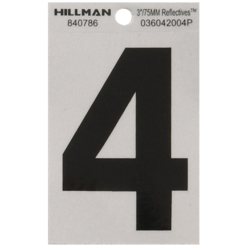 HILLMAN 3 in. Reflective Black Vinyl Self-Adhesive Number 4 1 pc, Pack of 6
