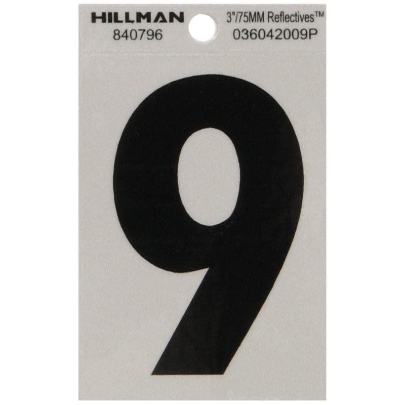 HILLMAN 3 in. Reflective Black Vinyl Self-Adhesive Number 9 1 pc, Pack of 6