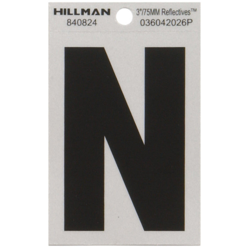 HILLMAN 3 in. Reflective Black Vinyl Self-Adhesive Letter N 1 pc, Pack of 6