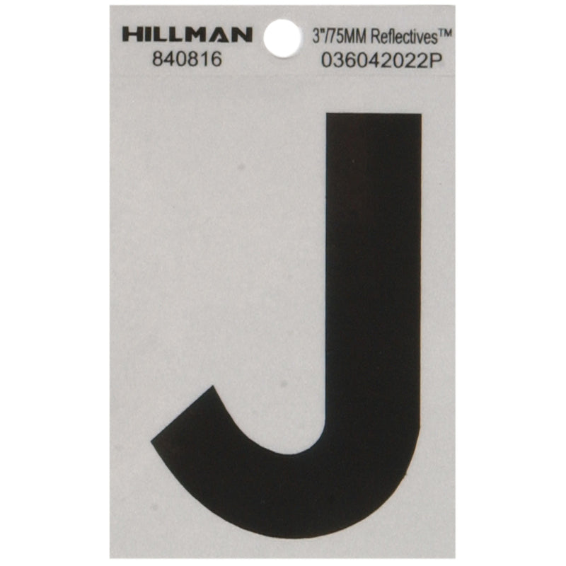 HILLMAN 3 in. Reflective Black Vinyl Self-Adhesive Letter J 1 pc, Pack of 6