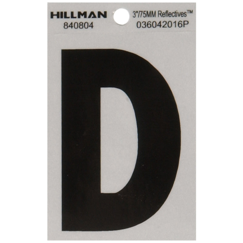 HILLMAN 3 in. Reflective Black Vinyl Self-Adhesive Letter D 1 pc, Pack of 6