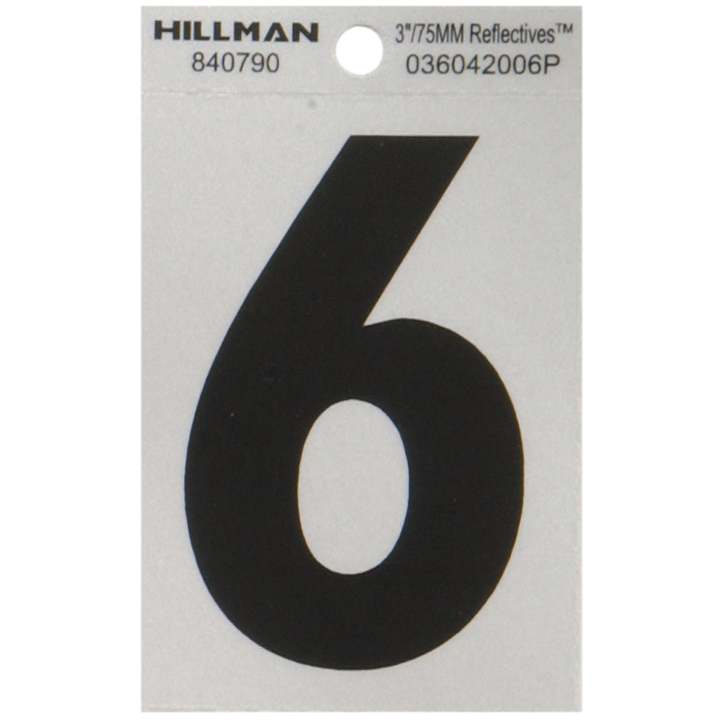 HILLMAN 3 in. Reflective Black Vinyl Self-Adhesive Number 6 1 pc, Pack of 6