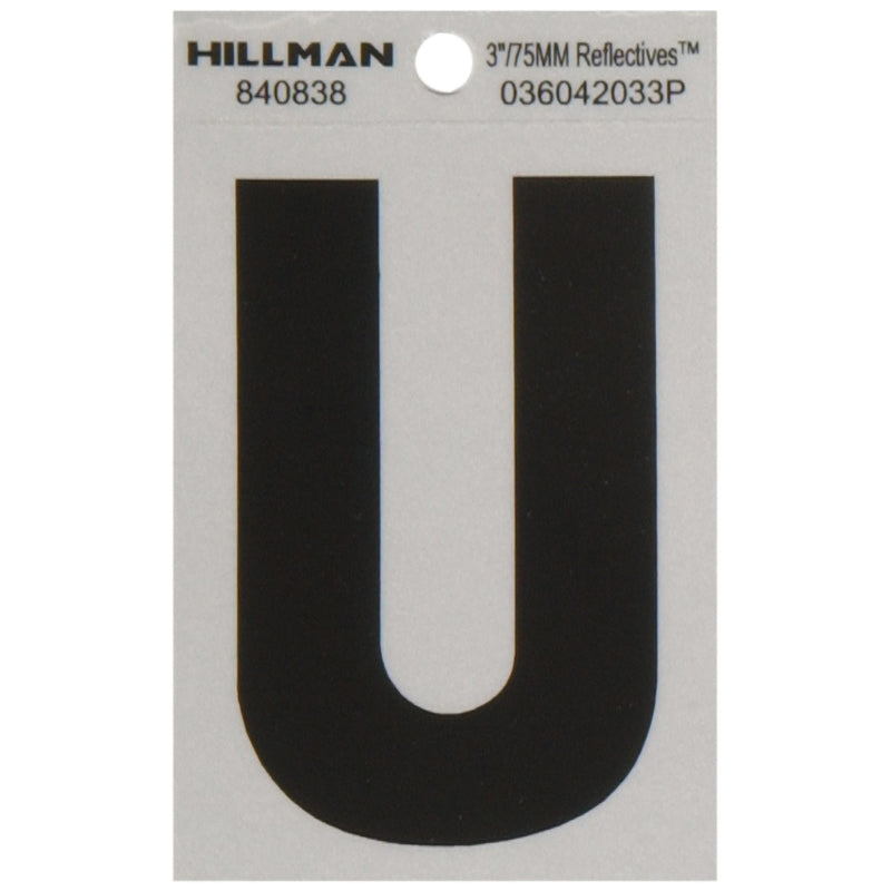HILLMAN 3 in. Reflective Black Vinyl Self-Adhesive Letter U 1 pc, Pack of 6