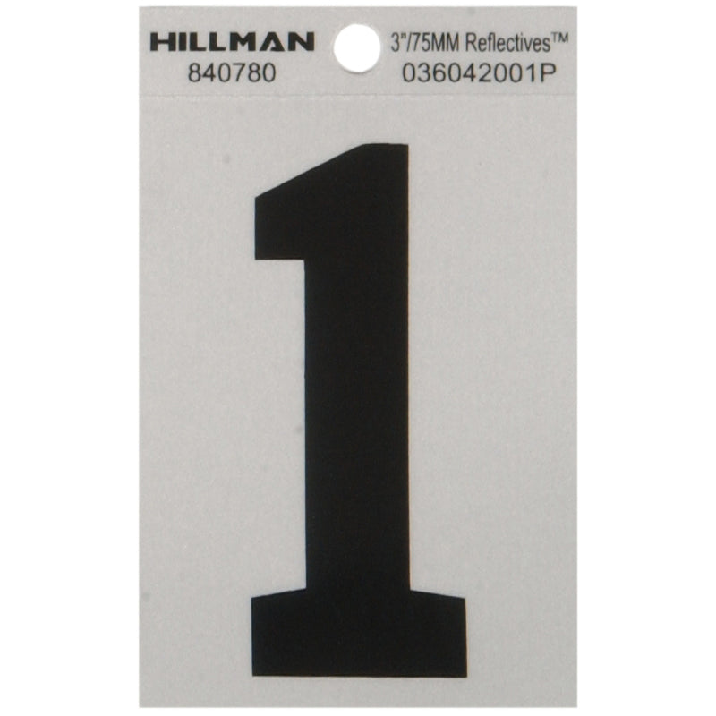 HILLMAN 3 in. Reflective Black Vinyl Self-Adhesive Number 1 1 pc, Pack of 6