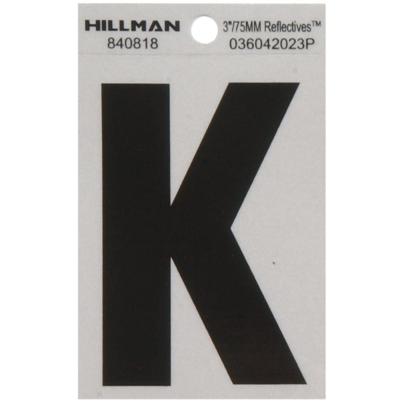 HILLMAN 3 in. Reflective Black Vinyl Self-Adhesive Letter K 1 pc, Pack of 6