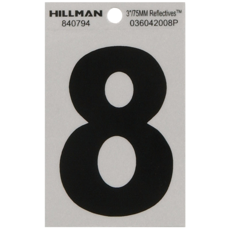 HILLMAN 3 in. Reflective Black Vinyl Self-Adhesive Number 8 1 pc, Pack of 6