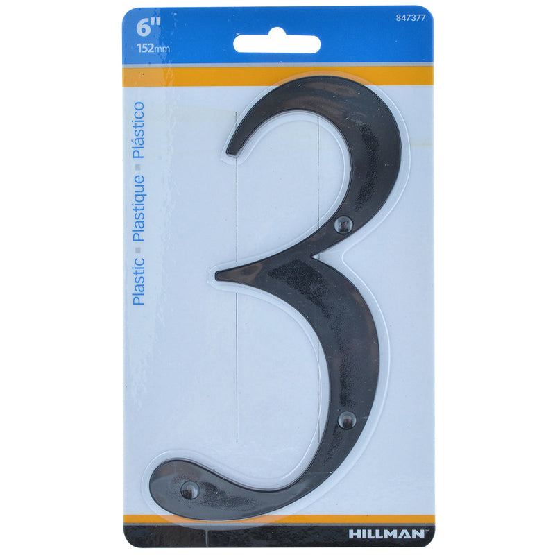 HILLMAN 6 in. Black Plastic Nail-On Number 3 1 pc, Pack of 3