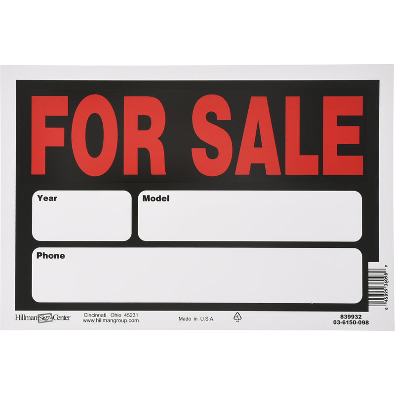 HILLMAN English Black Auto For Sale Sign 8 in. H X 12 in. W, Pack of 6